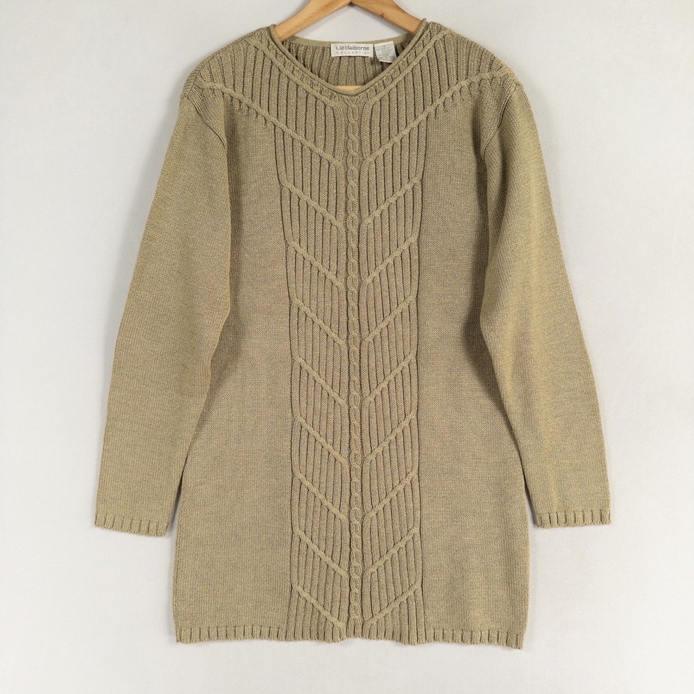 Vtg Liz Claiborne Collection Tunic Sweater Sz Small Tan Cable Knit Pullover